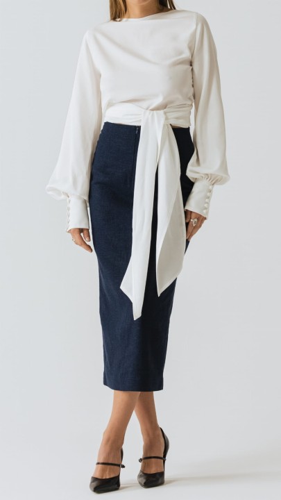 lniana granatowa spodnica midi