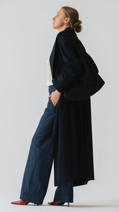 granatowy bawelniany trencz damski