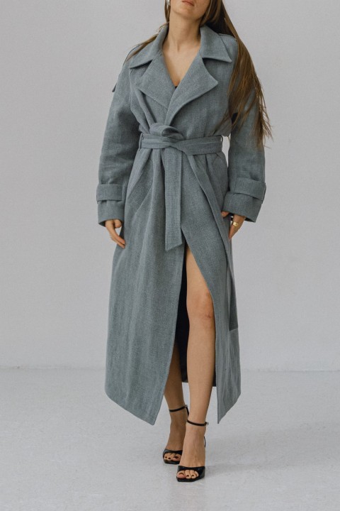 lniany blekitny trencz plaszcz