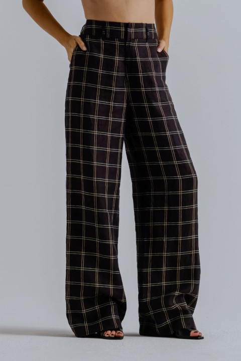 damskie spodnie w kratke z wysokim stanem